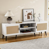 ZttRiee TV Stand for TVs up to 65'', Mid Century Modern Entertainment Center with Rattan Door, Shelves & 2 Cabinets, Boho Media TV Console for Living Room, Bedroom, White ZttRiee