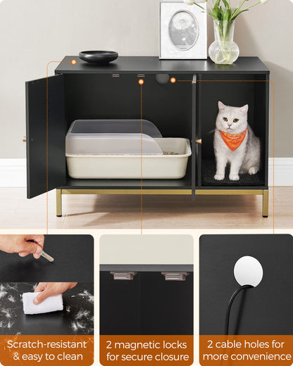 Feandrea Litter Box Enclosure, Modern Cat Litter Box Furniture Hidden, with Scratching Mat, Tall Legs, Cat House, Side End Table, 31.5 x 19.7 x 21.7 Inches, Black and Gold UPCL007B01 - WoodArtSupply