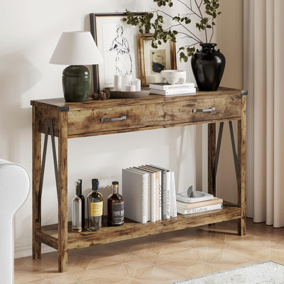 ChooChoo 47'' Farmhouse Console Table with Drawer, Entryway Table with Storage Shelf, Rustic A-Design Sofa Table for Hallway, Entrance, Living Room, Rustic Brown