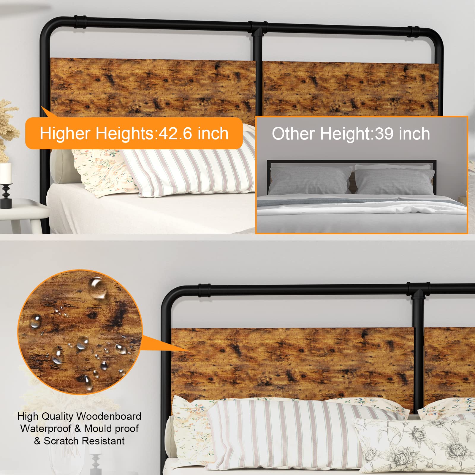 Rustic Vintage Brown Metal and Wooden Headboard for Full/Full XL Beds - UJUJIA Easy Assembly Design - WoodArtSupply