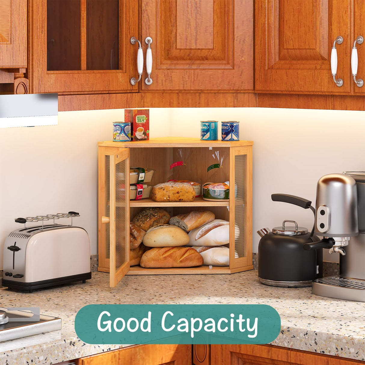 viewcare Corner Bread Box for Kitchen Counter, Bamboo Wood Large Capacity Bread Storage Bin with Acrylic Wavy Door Panel (Natural, Meduim) viewcare