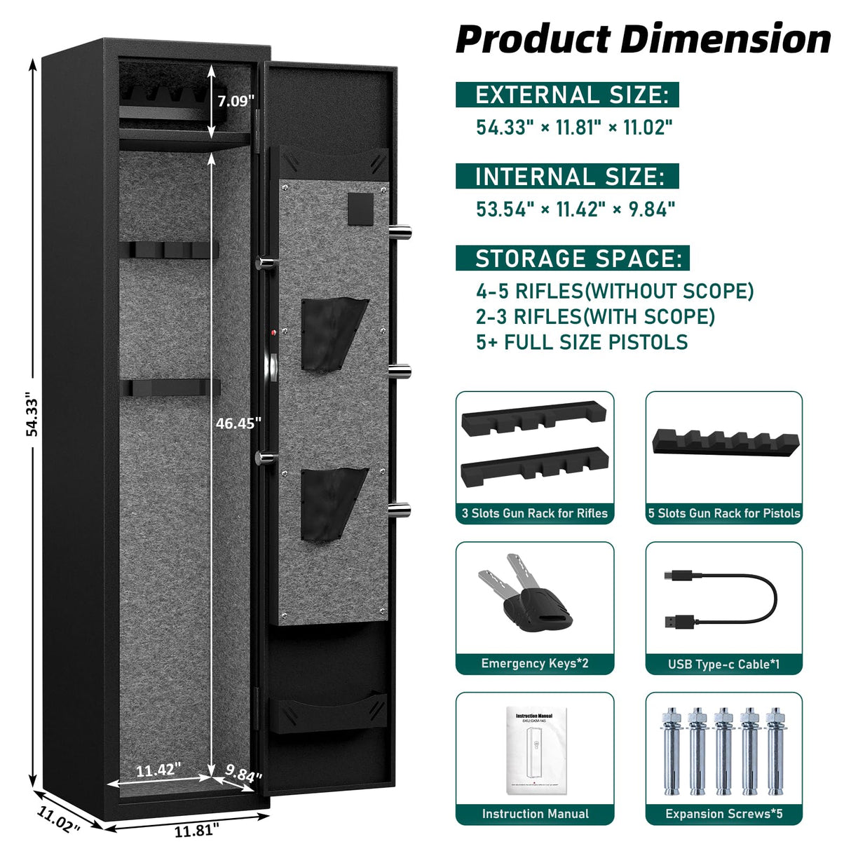 4-5 Gun Rifle Safe, Long Gun Safe for Home Rifle and Pistols with Backlit Keypad, Quick Access Gun Cabinet with LED Light and Removable Shelf kavey