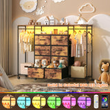 Frmobepts 59.1" W Dresser for Bedroom with Hanging Rack, 8 Drawer Dresser with LED Lights & Charging Station, Fabric Dressers with Portable Wheels,Metal Frame, Wooden Top (Rustic Brown) Frmobepts