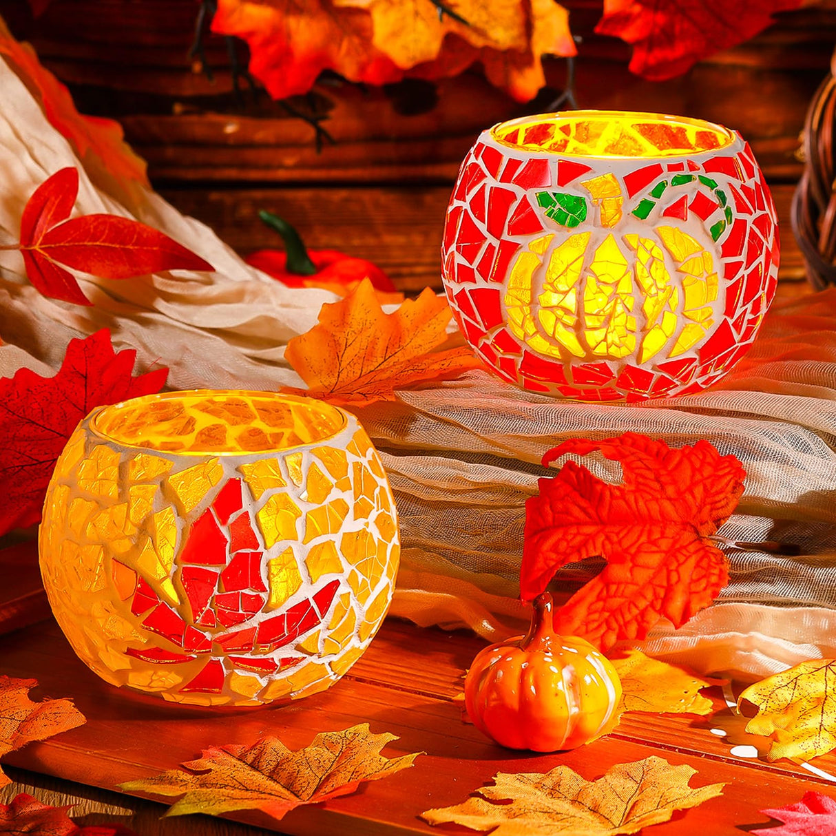 Sunnychicc 2 Set Glass Mosaic Candle Holder Kit Include Tea Light Holder, Glass Mosaic Tiles DIY Crafts Creativity Handmade Artwork for Adults Home Lighting Decor(Autumn Theme) Sunnychicc