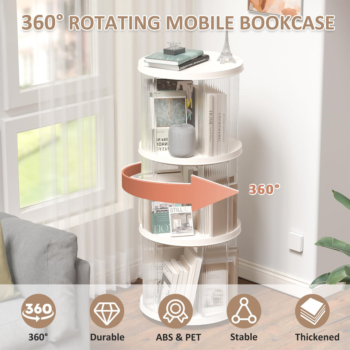 360° Rotating Bookshelf for Small Spaces, Display Rack, Modern Acrylic Corner Spinning Bookshelf with Turntable, 3 Tier Floor Standing Bookcase For Kids Adults, Book Organizer for Bedroom, Living Room Montary