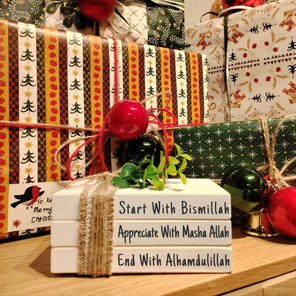 Farmhouse Mini Book Stack, Start With Bismillah End With Alhamdulillah, Islamic Wooden Home Decor, Muslim Tier Tray Eid Decorations