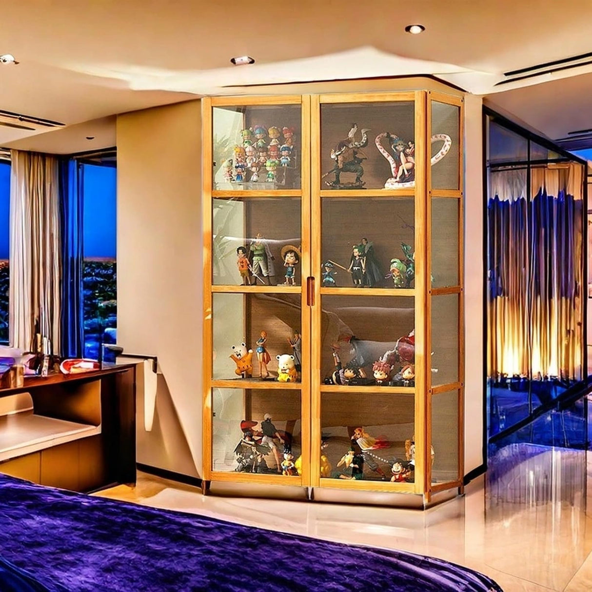 4-Tier Curio Cabinets with Acrylic Doors 51in Display Cabinet Natural Bamboo Frame,Safe and Healthy,Double Door Design for Convenient Storage,Sealed Dustproof,Easy to Clean,Brown,32 * 13 * 51in Generic