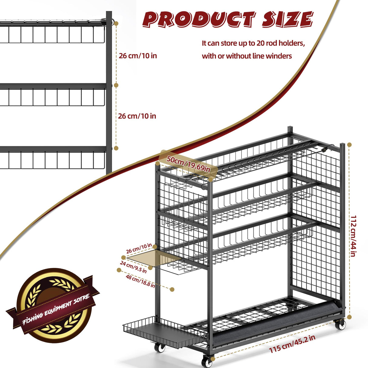 ztysn Fishing Rod Storage With 15 Hooks For Garage, 45.2in Extra Large Fishing Pole Holder Gear Organizer Rack Up To 20 Rods, Tackle Box Reel Storage Cart ztysn