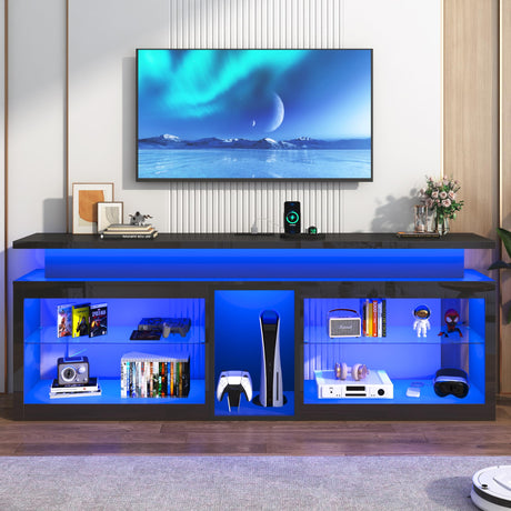71" LED TV Stand with Power Outlet,60-Colors LED Lights for 65 70 80 in TV,High Gloss Gaming Entertainment Center w/Adjustable Shelves,Black TV Console with Modern Design for Living Room Bedroom Hlivelood