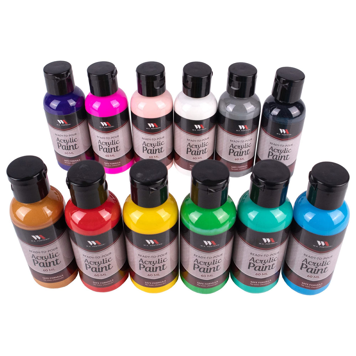 WA Portman 12-Pc Ready To Pour Acrylic Pouring Paint Supplies - 2oz/60ml Bottles of Acrylic Paint Sets for Adults and Kids for Canvas Painting W.A. Portman