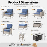 ovios 9 Pieces Patio Furniture Set Outdoor Sectional Sofa Couch with Fire Pit Table Rocking Swivel Chairs Deep Seat Chaise, Modern Modular Wicker Rattan Conversation Set, Denim Blue ovios