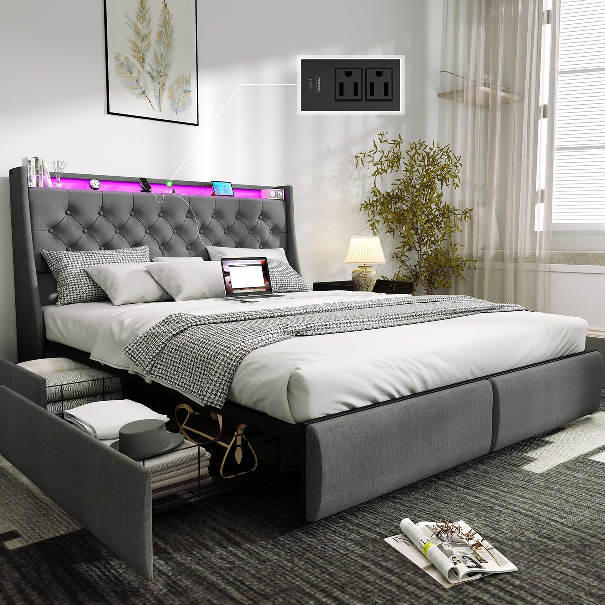 Doltoro Queen Size Bed Frame with 4 Storage Drawers, LED Lights, and Charging Station Doltoro