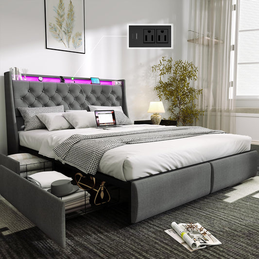 Doltoro Queen Size Bed Frame with 4 Storage Drawers, LED Lights, and Charging Station - WoodArtSupply