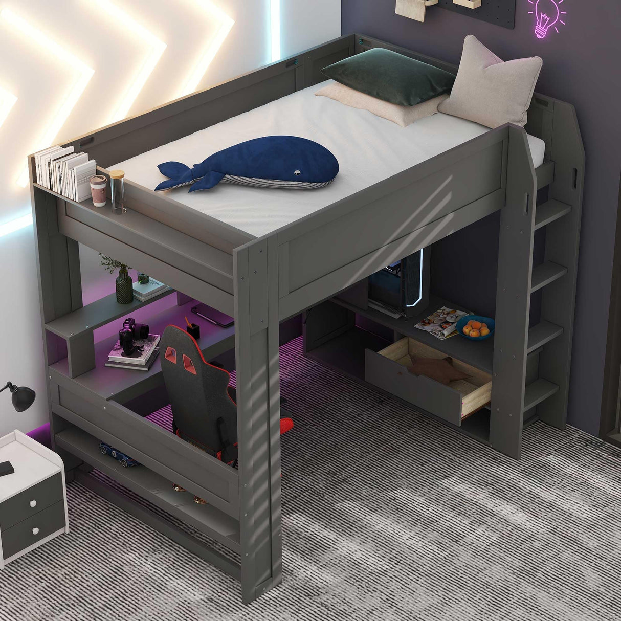 Bekeknlny Full Size Wood Gaming Loft Bed with Desk, Multi-Storage Shelves, LED and Charging Station for Kids Bedroom, No Box Spring Needed Bekeknlny