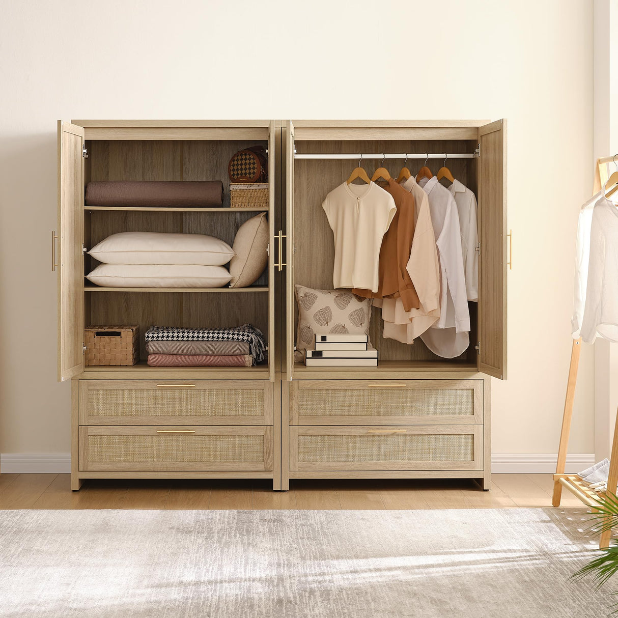 SICOTAS Rattan Armoire Wardrobe Closet Cabinet, 71" Tall Wardrobe Storage Cabinet with Doors, Large Drawers and Hanging Rod, Boho Armoire Clothes Organizer for Bedroom, Cloak Room, Light Oak SICOTAS