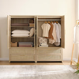 SICOTAS Rattan Armoire Wardrobe Closet Cabinet, 71" Tall Wardrobe Storage Cabinet with Doors, Large Drawers and Hanging Rod, Boho Armoire Clothes Organizer for Bedroom, Cloak Room, Light Oak SICOTAS