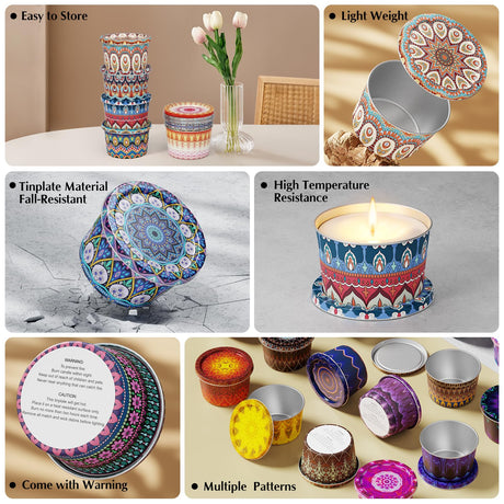 Happyhube Empty Candle Tins - 24 Pack 2.2 oz Metal Containers, DIY Candle Making Kits, Travel-Friendly Rust-Proof Tins with Lids (24 Patterns Jars) Happyhube