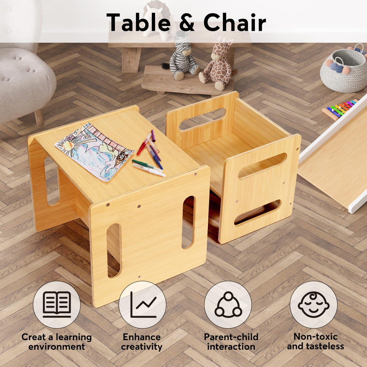 Kids Table and Chair Set, Montessori Weaning Table and Chair,Natural Bamboo Small Desk Chair,Toddler Activity Table and Chair Set for 1-3 Year Old Kids Dinner,Reading,Playing Toys, CPC Certified Ollieroo