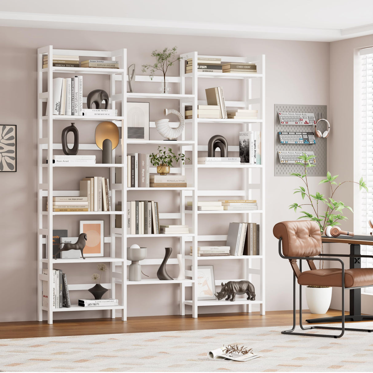 Bamjoy Bamboo Bookshelf, Triple 6-Tier White Bookshelf, Large Bookcase with 17 Open Display Shelves, Tall Book Shelf Storage Rack for Home Office, 71.5” H Bamjoy