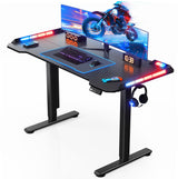 Flycity Gaming Standing Desk with LED Lights & APP Control, 48" x 24" Gaming Table with Music Sensing, Underdesk Cable Storage Electric Standing Desk, Black Carbon Fiber PC Desk for Home Office Flycity