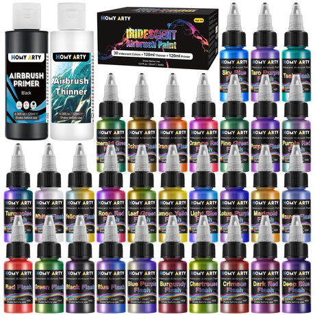 HOMY ARTY Iridescent Airbrush Paint - 30 Colors with 4.05 fl oz Thinner and 4.05 fl oz Primer, Ready to Spray Acrylic Airbrush Paints, Water-Based Iridescent Air Brush Colors for Plastic Model, Canvas HOMY ARTY