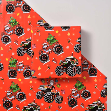 Titiweet Monster Truck Christmas Wrapping Paper - 17" x 16.4 ft - Monster Truck with Santa, Christmas Trees, Candy Canes Design for Kids Titiweet