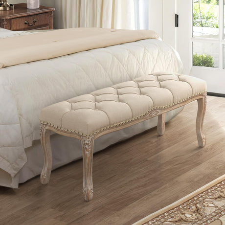 Cozyman Bedroom Bench, French Vintage Tufted Entryway Bench, 45.2" Carving Upholstered End of Bed Bench with Distressed Wood Legs, Linen Ottoman Bench Seat for Living Room, Dining Room, Linen Color Cozyman
