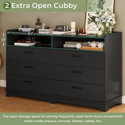 Hasuit 6 Drawers Dresser for Bedroom, Modern Chests of Drawers, Black Double Dresser with Drawers and Cubby, 14.6" D x 46.1" W x 33.6" H - WoodArtSupply