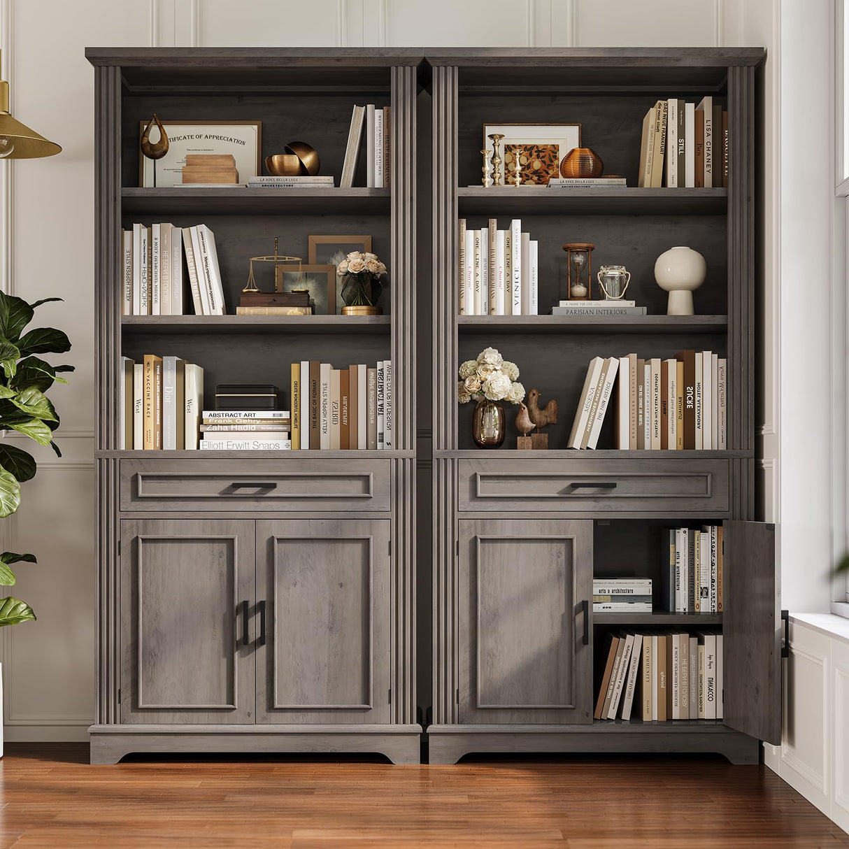 SEDETA Farmhouse Bookshelves and Bookcases with Doors and Drawer, Bookshelf with Storage, Floor Standing 6 Shelf Display Storage Shelves 70 in Tall Bookshelf for Home Office, Living Room, Grey SEDETA