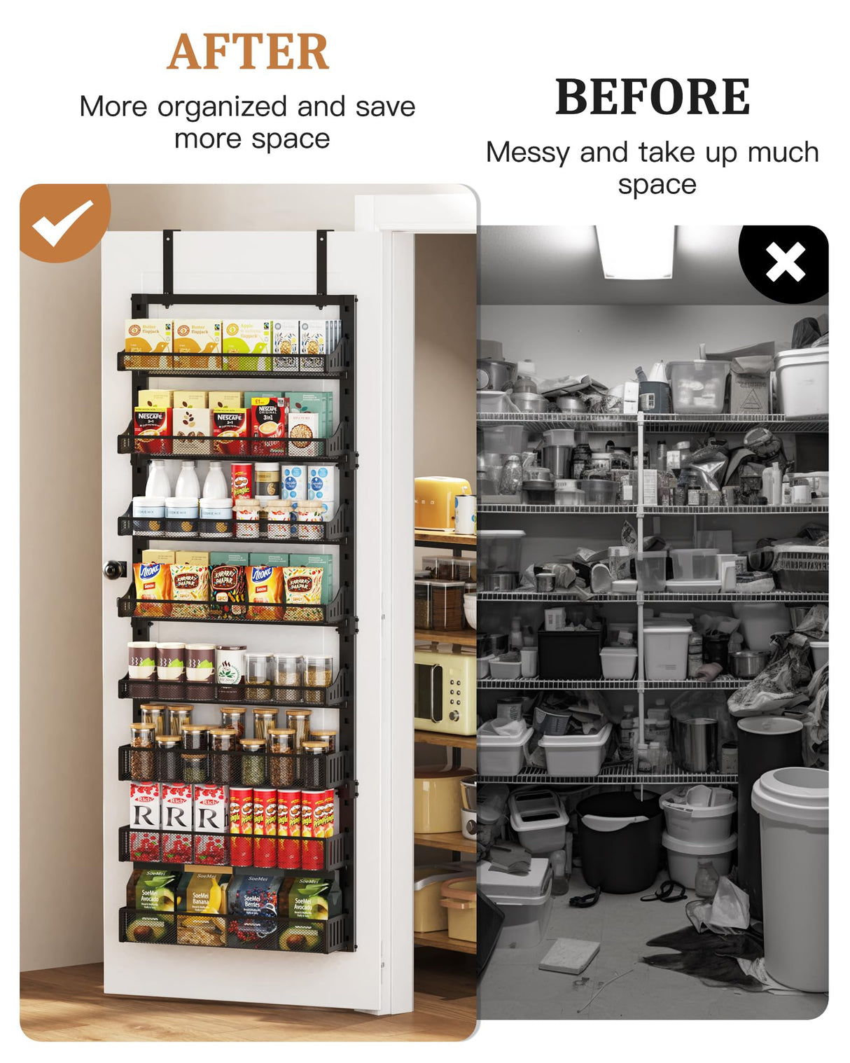 POKIPO 8-Tier Over the Door Pantry Organizer, Large Metal Door Spice Rack with Adjustable Basket, 2 in 1 Wall Mount or Hanging Heavy-Duty Pantry Door Storage Shelf for Kitchen and Bathroom, Black POKIPO