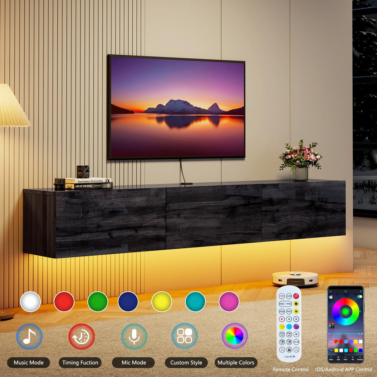 LUXOAK 70" Woodgrain High Gloss Floating TV Stand with LED Lights & Charging Station, Wall Mounted Media Entertainment Center for TVs Up to 80", Modern Floating TV Console for Living Room, Black LUXOAK