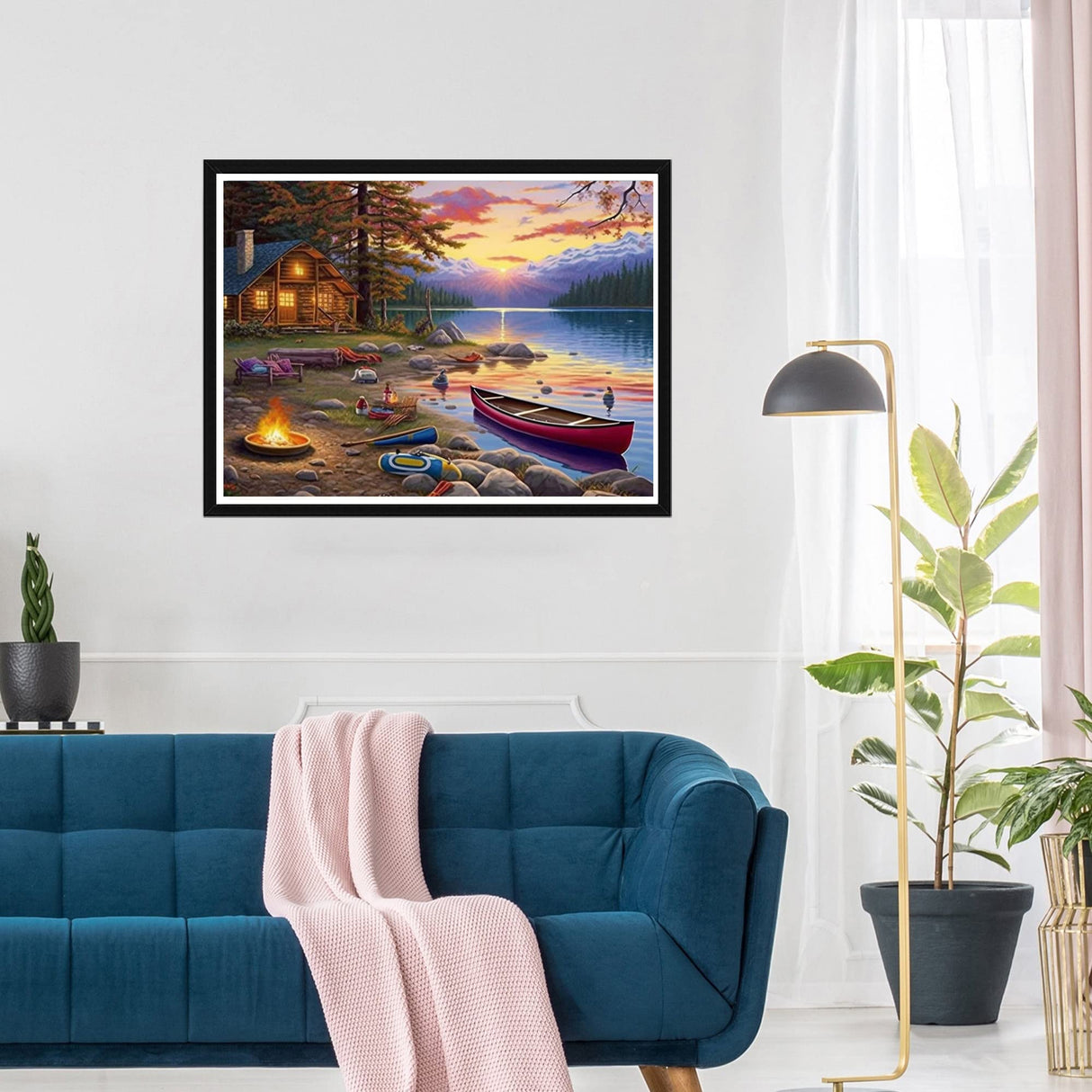 SKRYUIE 5D Sunset Lake Cabin Boat Diamond Painting Kits - DIY Diamond Art Kits for Adults Landscape, Full Round Drill - Crystal Cross Stitch - Adults Craft for Wall & Office Decor - 12x16 inch SKRYUIE
