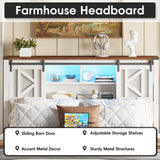 Fameill Farmhouse Queen Size Bed Frame with Storage Headboard, Sliding Barn Door Design, 2-Tier Shelves Storage Bookcase, Charging Ports & USB Outlets, LED Light, No Box Spring Needed, Easy Assembly Fameill