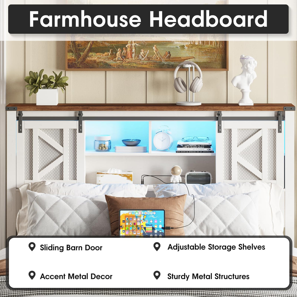Fameill Farmhouse Full Size Bed Frame with Storage Headboard, Sliding Barn Door Design, 2-Tier Shelves Bookcase Storage, Charging Ports & USB Outlets, LED Light, No Box Spring Needed, Easy Assembly Fameill