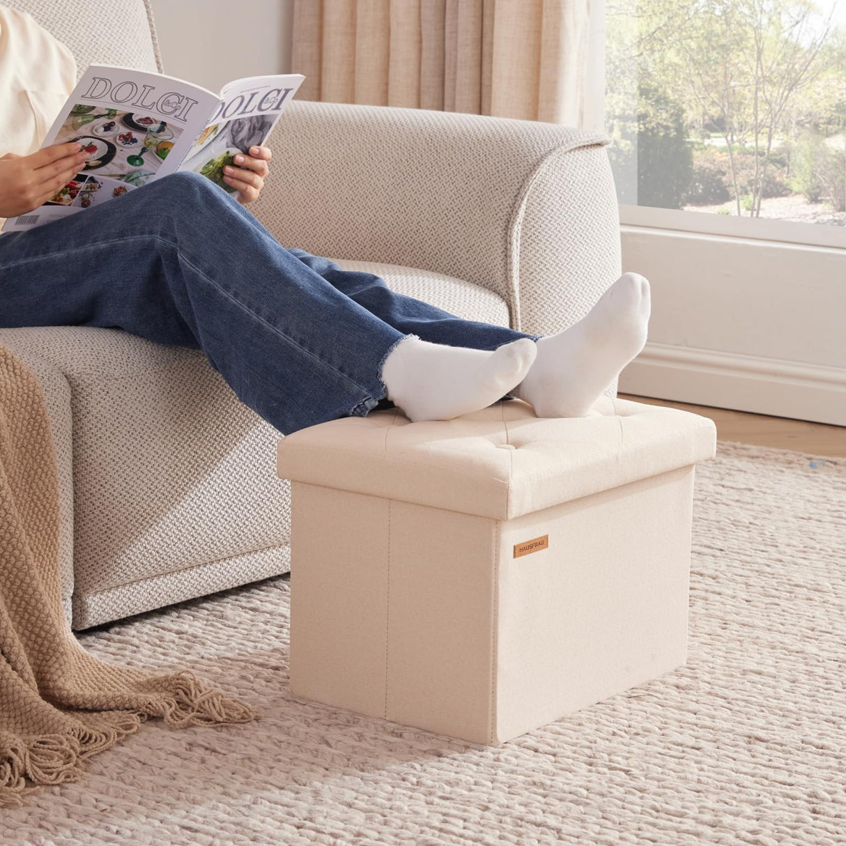 HAUSFRAU Storage Ottoman Foot Rest Stool, Small Folding Ottoman with Storage, Tufted Square Cube Footrest, Linen Beige HAUSFRAU