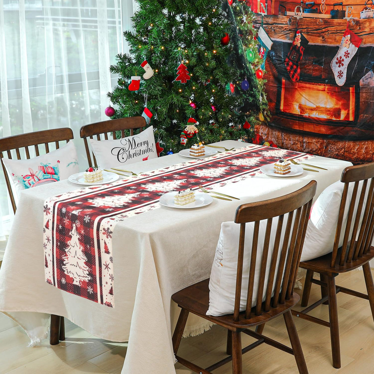 Buffalo Plaid Christmas Tree Christmas Table Runner, Red Winter Holiday Kitchen Dining Christmas Table Decoration for Indoor Outdoor Home Party Decor 13x72 Inch (Christmas Tree) Lapensa