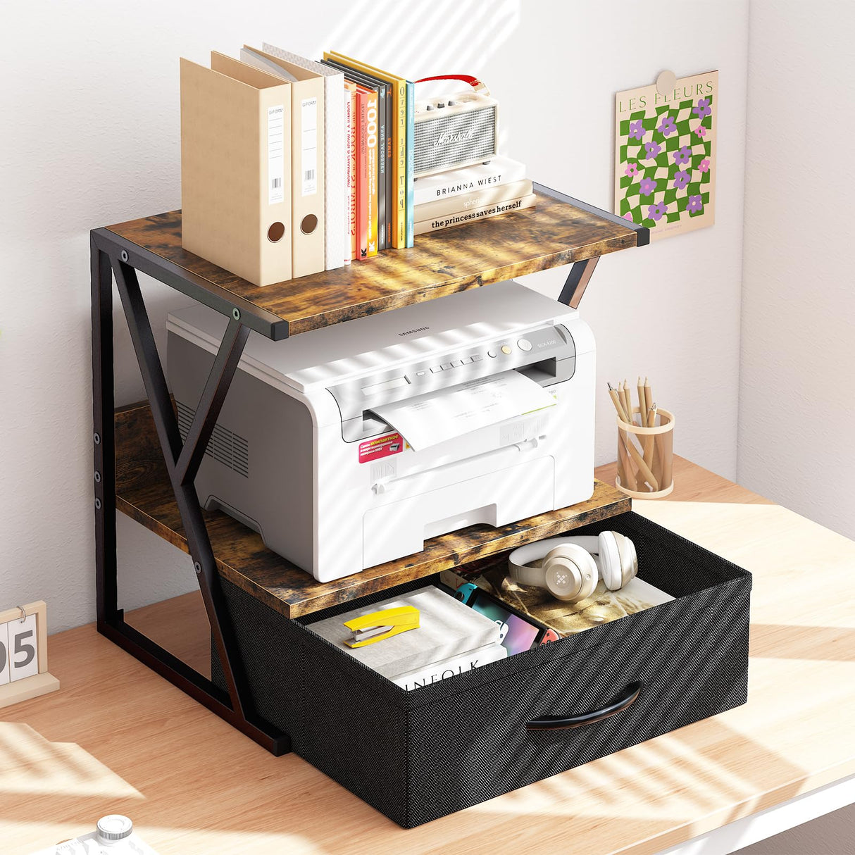 aboxoo Printer Stand for Desk with Storage Drawer, 2 Tier Desktop Or Under Desk Shelf, Multi-Purpose Desk Organizer for Home Office, fit Fax Machine/3D Printer/Scanner, Rustic Brown aboxoo