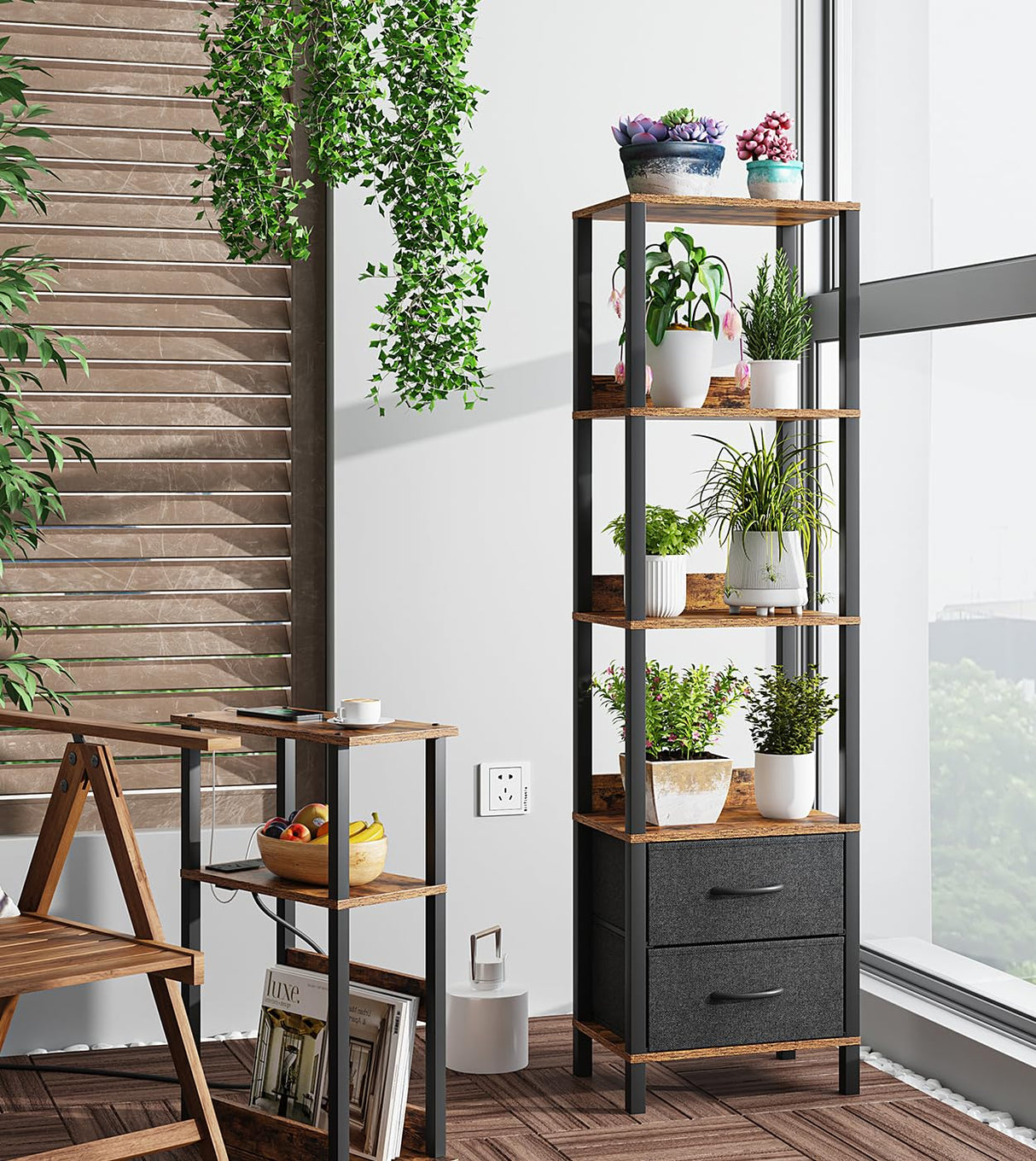 VIMBER Tall Bookshelf with Drawers, 6-Tier Tall Bookcase for Books, Garage Kit, CDs, Movies, Modern Standing Bookshelves Storage Organizer for Bedroom Office Living Room Rustic Brown USSJ002F VIMBER