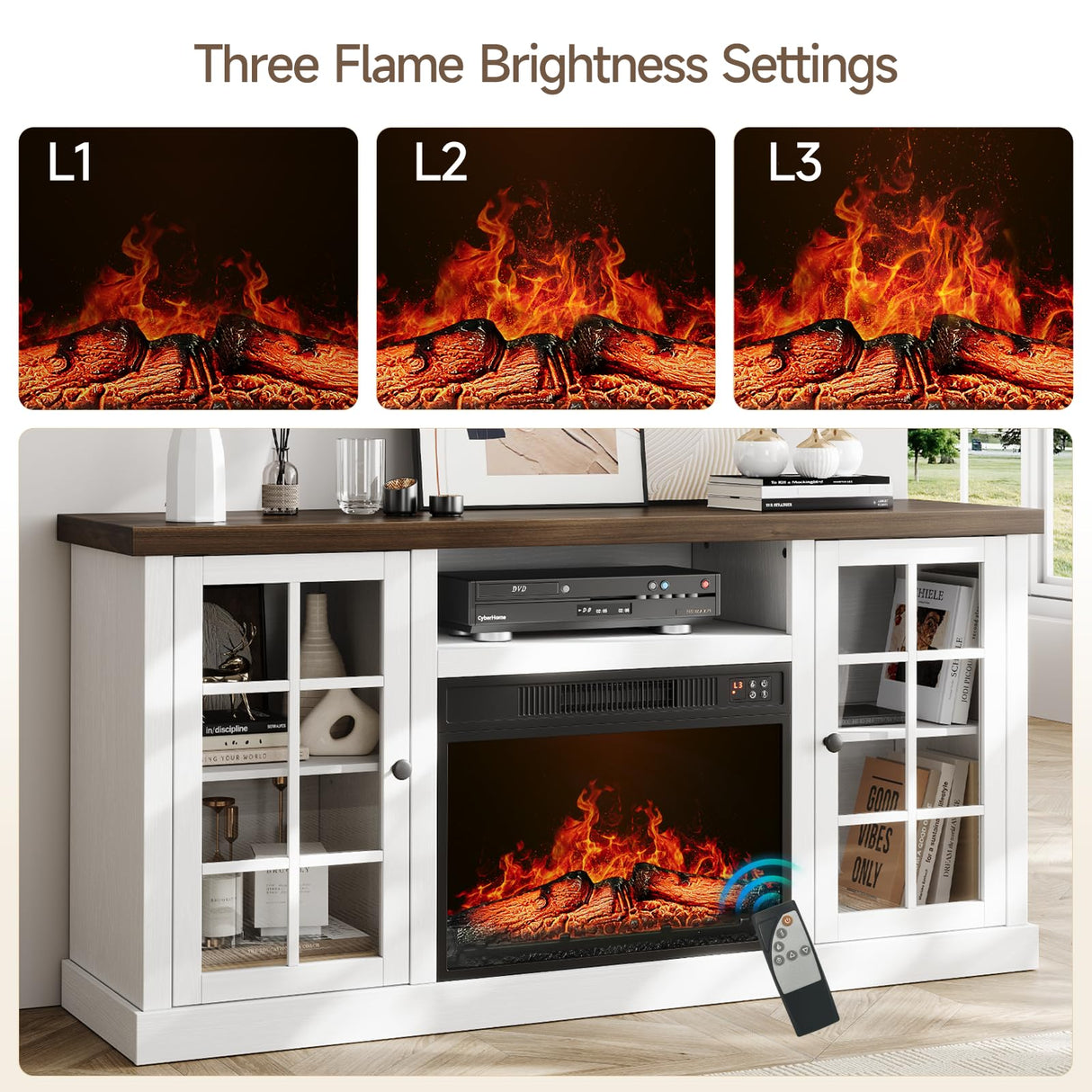 ONBRILL 59" Fireplace TV Stand, Entertainment Center with 23" Electric Fireplace, TV Table for TVs up to 65 Inch, Media Console Cabinet with Storage and Glass Doors for Living Room,Wood White ONBRILL