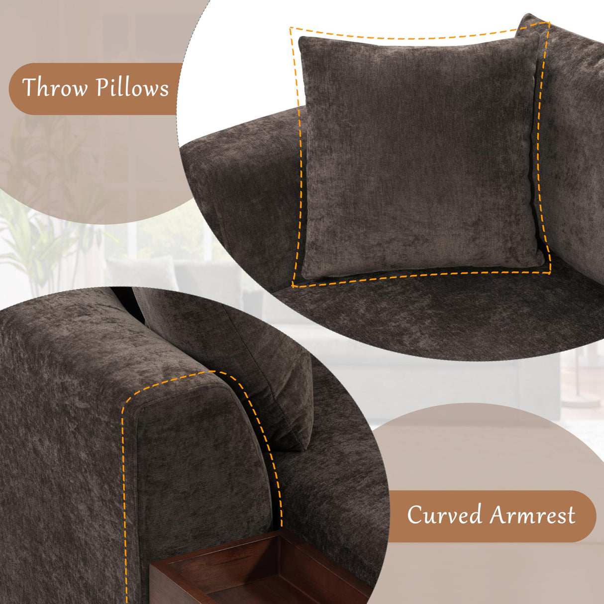 Ball & Cast Modular L-Shaped Sectional Sofa with Storage - 93.8" Chenille Fabric Couch, Deep Seating & Matching Pillows, Modern Living Room Furniture,Brown Ball & Cast