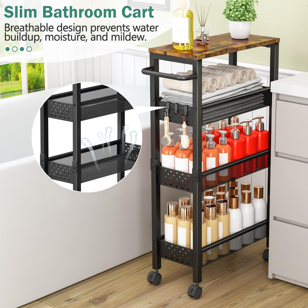 Vivihomety Utility Slim Storage Cart with Wheels, 4 Tier Small Rolling Cart with Wood Top, Metal Kitchen Bathroom Laundry Room Organization Trolley with Handle for Narrow Space – Black Vivihomety