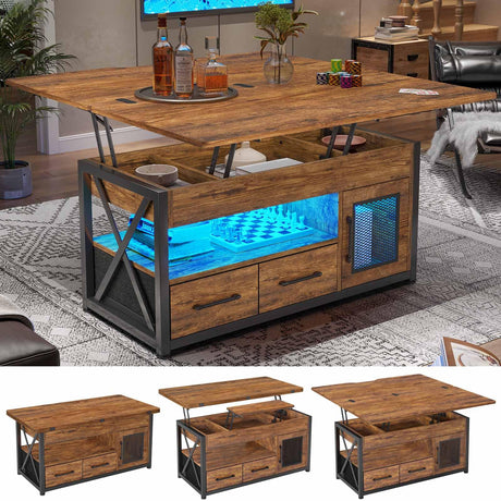 Itaar 40" Lift Top Coffee Table, 4 in 1 Coffee Tables with Storage Cabinet for Living Room, Small Farmhouse Coffee Table with 2 Fabric Drawers & LED Light for Dining Room, Rustic Brown Itaar