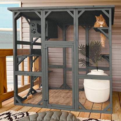 Grepatio Cat Enclosure Large Outdoor Catio Wooden Cat House with Weatherproof, Cat Cage Condo Indoor Playpen with Platform and Small House(Grey)