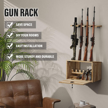 Emfogo Gun Rack Wall Mount, Wooden Rifle Racks with Gun Rack for Wall, Gun Display Racks for Indoor Firearms Storage, Holds up to 4 Long Guns and 6 Handguns, Gifts for Husband, Dad Emfogo