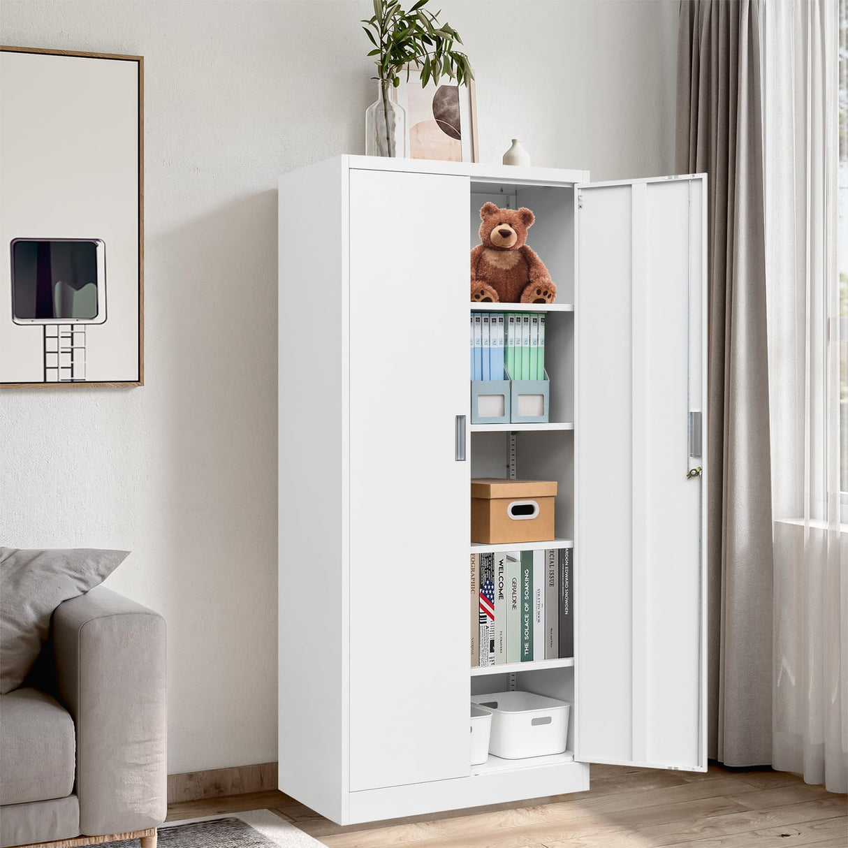 iDEKAI Metal Storage Cabinet with Lock, 72" Garage Storage Cabinets with 2 Lockable Doors and 4 Adjustable Shelves,Tall File Cabinet, Tool Cabinet for Office,Home,Garage,Gym,School (White) iDEKAI