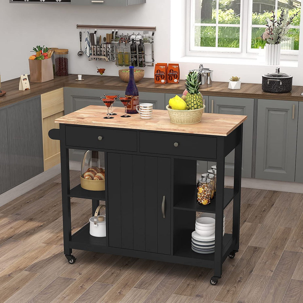 ChooChoo Kitchen Islands on Wheels with Wood Top, Utility Wood Movable Kitchen Cart with Storage and Drawers, Black ChooChoo