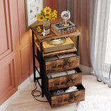 Fixwal Night Stand with Charging Station, LED Nightstand with Fabric Drawers, End Table with PU Finish, Bed Side Table, Rustic Brown Fixwal