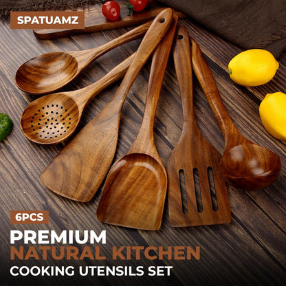 Wooden Cooking Spoons, Ladle and Spatula, Fine Polished Teak Wood Cooking Utensils Set, Nonstick Wooden Kitchen Spoon & Spatula Set(6Pcs)