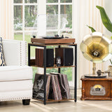 LELELINKY Large Brown Record Player Stand, 3 Tier Big End Table with Vinyl Storage Shelf Up to 130 Albums, Industrial Turntable Printer Stands Modern Side Tables for Living Room, Bedroom, Office LELELINKY