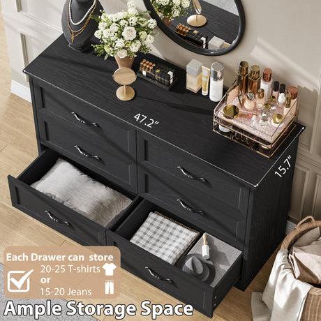 GarveeHome 6 Drawers Dresser for Bedroom, Chest of Drawers with Wide Metal Handle, Farmhouse Modern Wooden Dresser, Natural Texture, Storage Organizer for Bedroom, Living Room, Kids Room(Black) GarveeHome